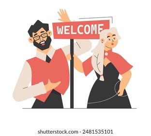 Two characters, a man and a woman, are holding a "Welcome" sign. The man, with a beard and glasses, is gesturing towards the sign, while the woman, with long blonde hair and glasses, stands beside him