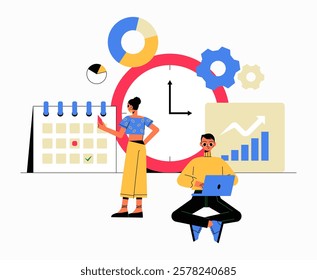 Two Characters Managing Time And Productivity In Flat Vector Illustration Symbolizing Business Planning, Work Efficiency, And Task Organization, Isolated On White Background