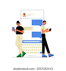 Two Characters Messaging On Smartphones With Large Chat Interface In Flat Vector Illustration Symbolizing Digital Communication, Texting, And Technology, Isolated On White Background