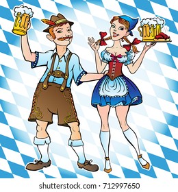 Two characters octoberfest on bavarian background; RGB EPS 10 vector illustration