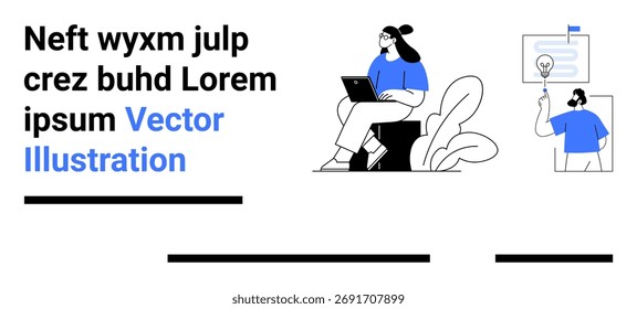 Dos personajes, uno con un portátil y otro con una lupa. Ideal para tecnología, trabajo en equipo, investigación, comunicación, educación, análisis y presentaciones. Página de destino