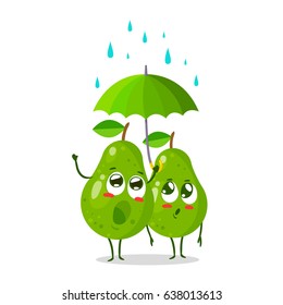 Two characters of pear with umbrella. Rain and lightning. Vector illustration isolated on white background. Cartoon style