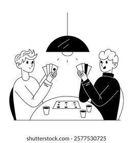 Two characters playing poker cards, glyph style illustration 

