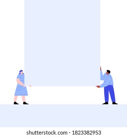 Two characters pushing a blank page. Flat illustration of a man and a woman holding white rectangle. Template for your content.