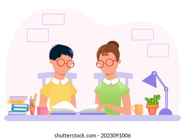 Two characters are reading a book. Lesson at the desk. Education. House. Business. Job. Flat style. Vector.