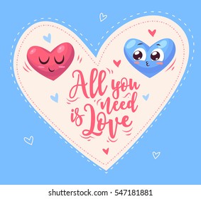 Two characters are recognized in the hearts of love. Modern typography design stylish illustration. Valentines Day Card.