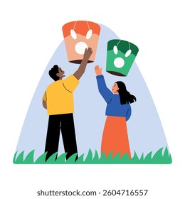 Two characters releasing lanterns in the sky, flat illustration 