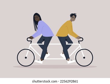 Two characters riding same bike in different directions, a metaphor of argument and disagreement