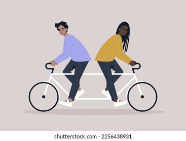 Dos personajes montando la misma bicicleta en direcciones diferentes, una metáfora de la discusión y el desacuerdo