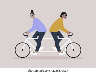 Two characters riding same bike in different directions, a metaphor of argument and disagreement