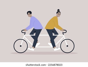 Two characters riding same bike in different directions, a metaphor of argument and disagreement