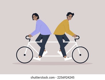 Two characters riding same bike in different directions, a metaphor of argument and disagreement