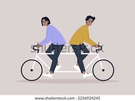 Two characters riding same bike in different directions, a metaphor of argument and disagreement