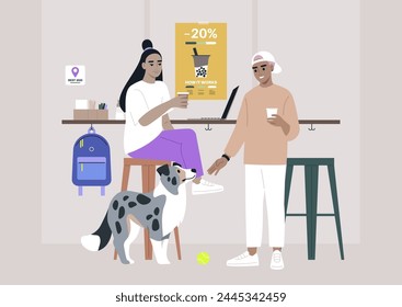 Two characters are seated at a table, accompanied by their loyal blue marble border collie