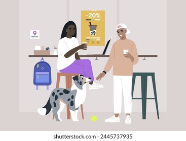 Two characters are seated at a table, accompanied by their loyal blue marble border collie
