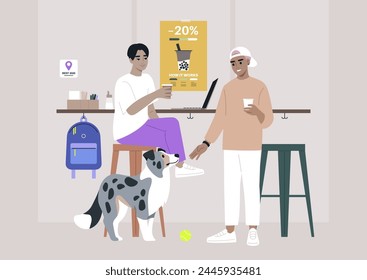 Two characters are seated at a table, accompanied by their loyal blue marble border collie