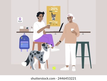 Two characters are seated at a table, accompanied by their loyal blue marble border collie