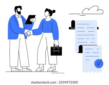 Two characters shaking hands, celebrating a successful business agreement, one holding a clipboard and the other a briefcase. Papers with blue tick mark. Ideal for business deals, partnerships