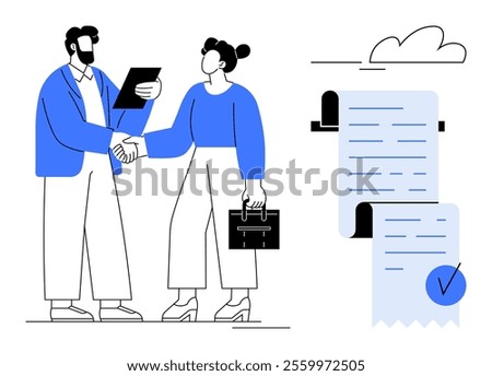 Two characters shaking hands, celebrating a successful business agreement, one holding a clipboard and the other a briefcase. Papers with blue tick mark. Ideal for business deals, partnerships