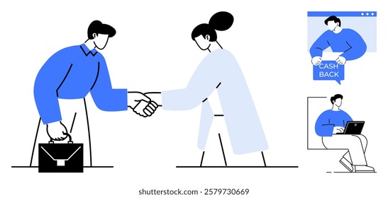 Two characters shaking hands, one with briefcase, promotes business agreement. Smaller images individual holding Cash Back sign and person using laptop. Ideal for business, partnerships, finance