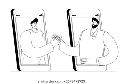 Two characters shaking hands online. Vector illustration on the theme of making a deal and dating online. Two people shaking hands from different phones.