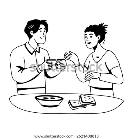 Two characters sharing food illustration in glyph style 
