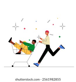 Two Characters In Shopping Cart Race In Flat Vector Illustration Symbolizing Fun, Friendship, And Shopping Adventure, Isolated On White Background.