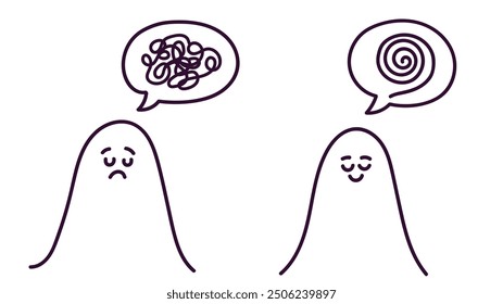 Two characters with speech bubbles, sad and cheerful. Psychotherapy and psychology theme concept. Problem solving, brainstorm, coaching, crisis recovery, mentoring. Simple doodle illustration. 