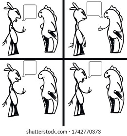 Two characters stand and have a conversation. Between them there are dialog boxes.