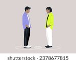 Two characters standing within their individual circles that intersect, serving as a metaphor for both their commonalities and differences