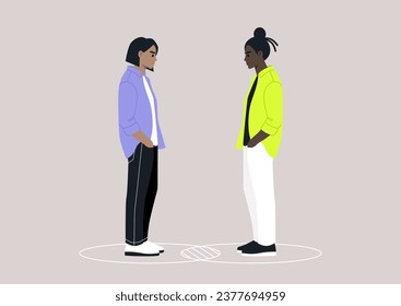 Two characters standing within their individual circles that intersect, serving as a metaphor for both their commonalities and differences