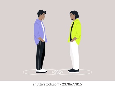 Two characters standing within their individual circles that intersect, serving as a metaphor for both their commonalities and differences