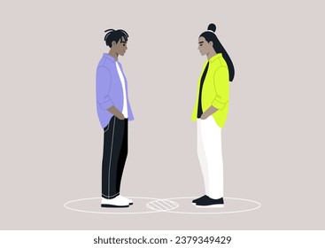 Two characters standing within their individual circles that intersect, serving as a metaphor for both their commonalities and differences