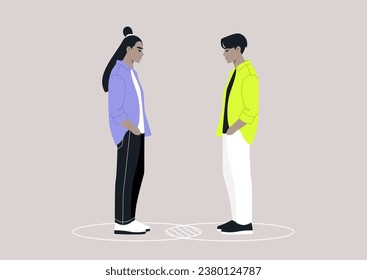 Two characters standing within their individual circles that intersect, serving as a metaphor for both their commonalities and differences