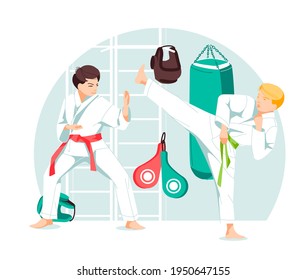 Two characters taekwondo, karate, kung fu, boys in sparring position. Martial arts training. Flat cartoon design vector illustration. 