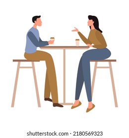 Two characters talking and sitting at the table with coffee cups flat vector illustration isolated on white background