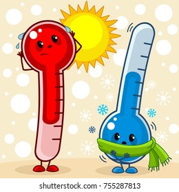 Two characters in the thermometer are blue and red, which show a cold and hot temperature.