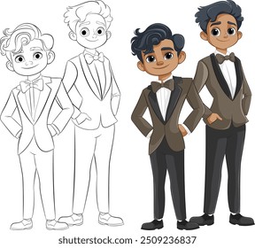 Two characters in tuxedos, one colored, one outlined