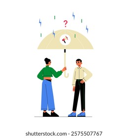 Two Characters Under Umbrella With Lightning And Question Mark In Flat Vector Illustration Symbolizing Marketing Insurance And Risk Management, Isolated On White Background