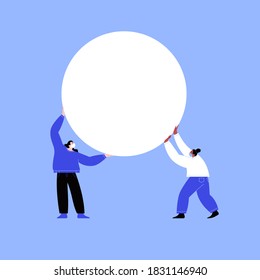 Two characters wearing face masks holding a blank circle cardboard. Flat illustration of two women with covered faces holding white paper circle. Template for your content