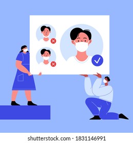Two characters wearing face masks holding an infographic banner about how to wear a mask properly. Flat illustration of a man and a woman with covered faces. Covid-19 prevention instructions.