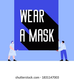 Two characters wearing face masks with a banner saying wear a mask. Flat illustration of a man and a woman with covered faces. Covid-19 prevention instructions.