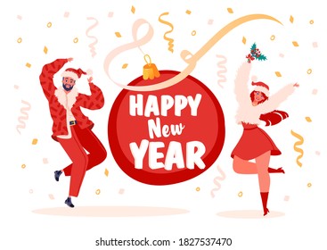 Two characters, a woman and a man, celebrate the New Year, dance and jump, dressed in festive costumes. Cute vector illustration in flat style for cartoon, greeting card, banner for social networks.