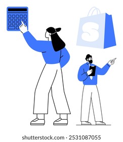 Two characters, a woman using a calculator and a man holding a tablet, stand next to a shopping bag. Ideal for financial planning, retail management, e-commerce, shopping, and business strategy