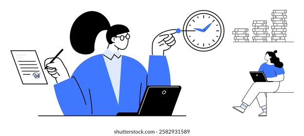 Two characters working on laptops, one handling documents, and a clock highlighting time management. Ideal for productivity, deadlines, remote work, office efficiency, task management, project