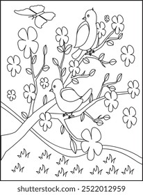 Two charming birds standing on cherry blossom tree branch together Coloring Page For Kids.