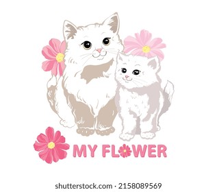 Two charming cute white kitties with big eyes stands in pink flowers  on a white isolated background. Print for children's things. Vector. Vector illustration 