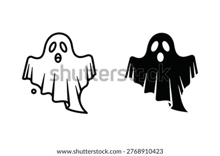 Two charming ghost illustrations, one in outline and one in solid silhouette, perfect for Halloween designs, spooky themes, or lighthearted spooky concepts in marketing and invitations.