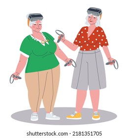 Two charming and happy grandmothers are standing in augmented reality glasses with joysticks after playing. Stylish flat vector illustration, eps10