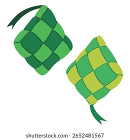 Two charming Ketupat cartoon illustrations, showcasing the iconic woven rice cakes in varying shades of green. Islamic Ramadan and Eid Al-Fitr vector illustration for prints and design elements.